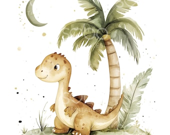 25 Baby Dino Palm Tree Clipart, Dinosaur Art, Printable Watercolor, High Quality JPGs, Digital download, Nursery Wall Art, Paper Craft S391
