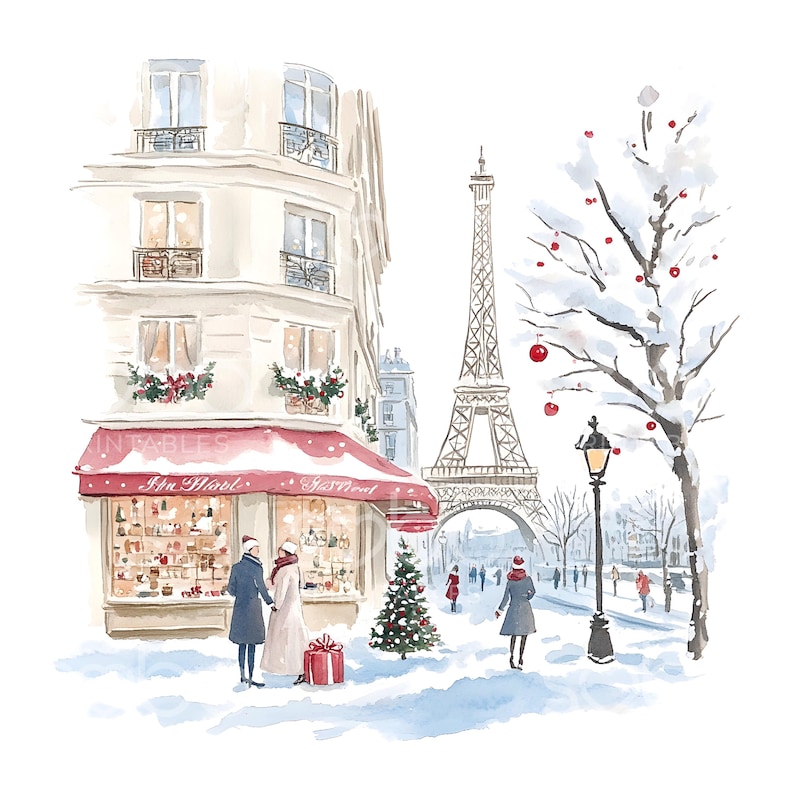 May include: A watercolor painting of a Parisian street scene with the Eiffel Tower in the background. A couple walks past a shop called "Aux Delices" with a red awning and a Christmas tree in front. The street is covered in snow and there are red ornaments hanging from a snow-covered tree.