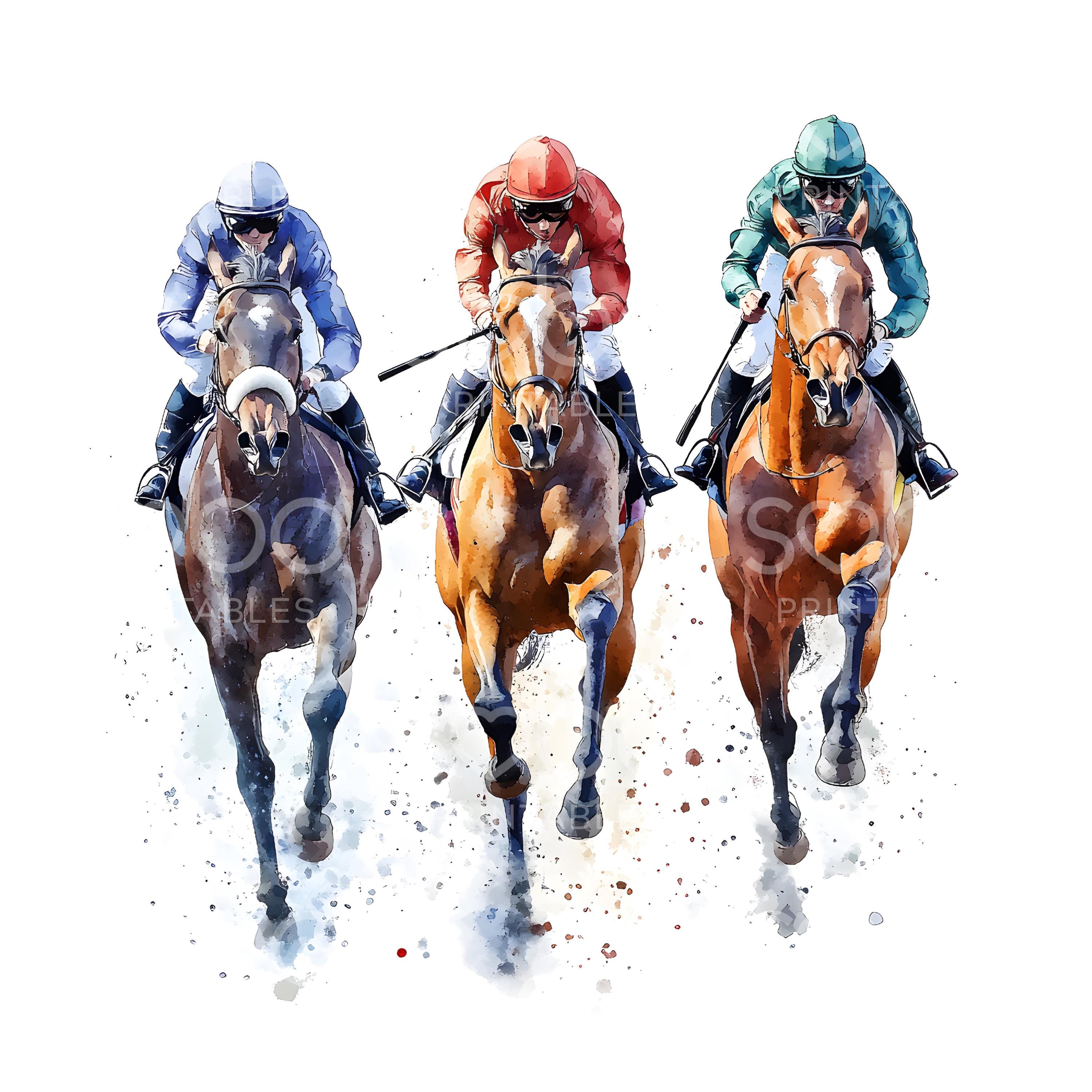 競走馬24頭のクリップアート、競馬、印刷可能な水彩画、馬術競技の騎手