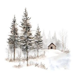 May include: Watercolor painting of a winter landscape featuring tall pine trees covered in snow, a small wooden cabin, and a winding path. The color palette is muted with shades of brown, gray, and white, evoking a serene, snowy scene.