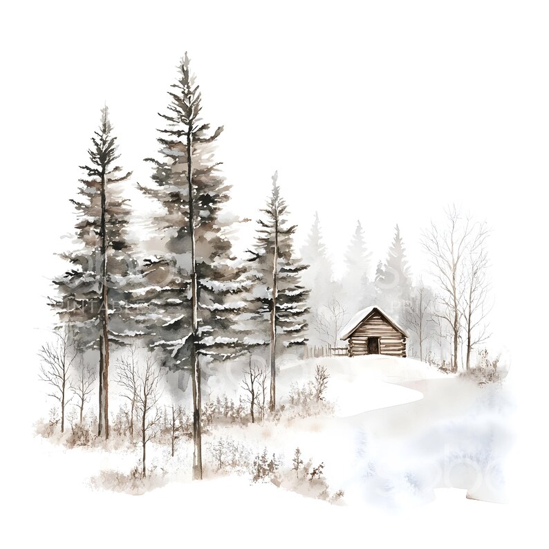 May include: Watercolor painting of a winter landscape featuring tall pine trees covered in snow, a small wooden cabin, and a winding path. The color palette is muted with shades of brown, gray, and white, evoking a serene, snowy scene.