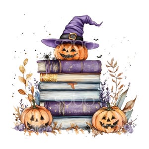 May include: Watercolor illustration of a stack of books with a witch's hat and jack-o'-lanterns. The books are purple and gold, with a pumpkin on top and two pumpkins at the base. The image has a Halloween theme.