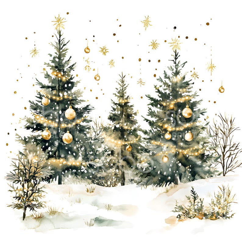May include: Three watercolor painted evergreen trees with gold ornaments and lights. The trees are set against a white background with gold glitter and snowflakes. The trees are in a snowy forest setting.