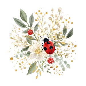 22 の花柄テントウムシのクリップアート、かわいいテントウムシ、春のアート、高品質 JPG、水彩画、デジタル ダウンロード、ペーパー クラフト、ジャンク ジャーナル S726