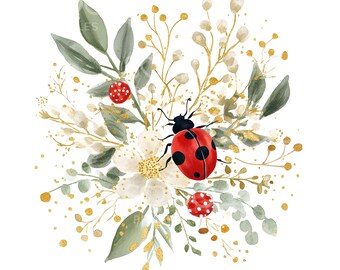 22 Floral Lady Bug Clipart, Cute Lady Bug, Spring Art, High Quality JPGs, Watercolor Art, Digital Download, Paper Craft, Junk Journal S726