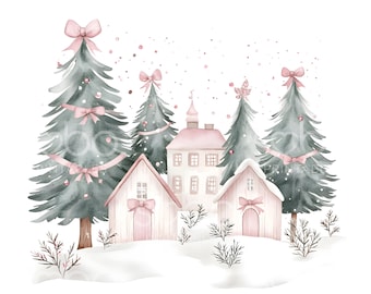 19 Xmas Pink Bow Village Clipart, Pink Christmas Houses, Coquette Christmas Houses, High Quality JPGs, Digital Download, Paper Craft U127