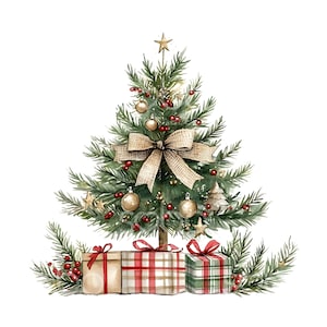 Könnte beinhalten: Aquarellillustration eines Weihnachtsbaums, geschmückt mit goldenen Kugeln, roten Beeren und einer Schleife aus Jute. Zwei verpackte Geschenke mit roten Bändern und Karomustern befinden sich am Fuß des Baumes. Ein goldener Stern ziert die Spitze.