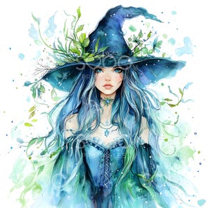 May include: A watercolour painting of a woman with long blue hair wearing a blue witch's hat adorned with green leaves and flowers. The background is a light blue and green watercolour wash.