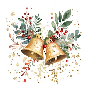 16 clipart de sinos de natal, sinos de folha de ouro, cartão de natal em aquarela, JPG de alta qualidade, download digital, artesanato em papel, diário de lixo S295