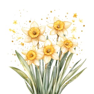 May include: A watercolor painting of a bouquet of yellow daffodils with green leaves and gold glitter. The flowers are arranged in a vase and the background is white.