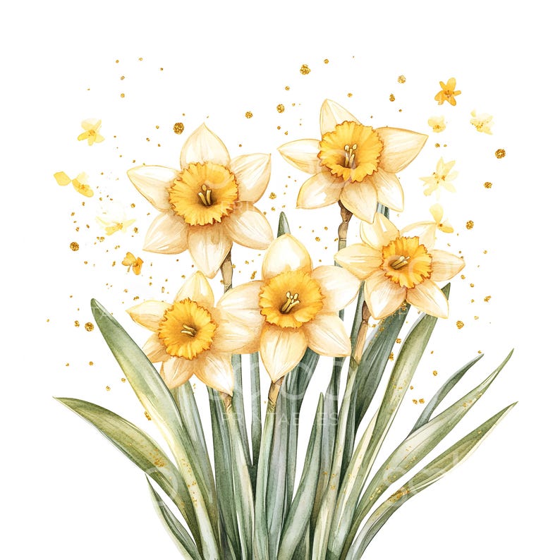 May include: A watercolor painting of a bouquet of yellow daffodils with green leaves and gold glitter. The flowers are arranged in a vase and the background is white.