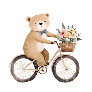 26 beer op fiets clipart, lente bos, afdrukbare schattige beer fietsen, decor van de kinderkamer, hoge kwaliteit JPG, Paper Craft, Junk Journal S536