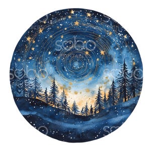 18 Clipart de Floresta Noturna Mística, Pinheiros, Arte de Noite Estrelada, Aquarela para Impressão, JPG de Alta Qualidade, Download Digital, Diário de Lixo S442