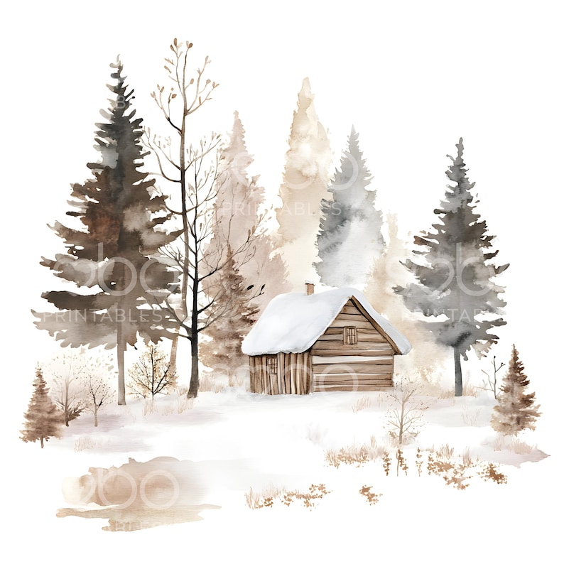 May include: Watercolor illustration of a winter scene featuring a snow-covered cabin nestled among trees. The artwork uses a muted color palette of browns, grays, and whites, creating a serene and peaceful atmosphere. The image is a digital print.