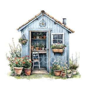 24 rustikale Garten Schuppen Clipart, druckbare Aquarellkunst, hochwertige JPGs, digitaler Download, Papierhandwerk, Junk Journal S773