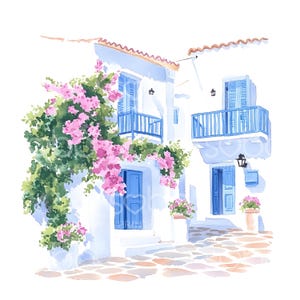 18 graziose case greche Clipart, viaggi in Grecia, case a Santorini, acquerello stampabile, JPG di alta qualità, download digitale, carta artigianale S463