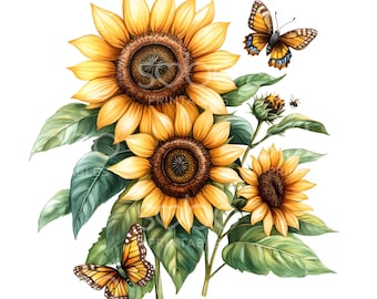 28 Sunflower Flower Clipart, Sunflower Bouquet Art, High Quality JPGs, Watercolor Art, Digital Download, Paper Craft, Junk Journal U293