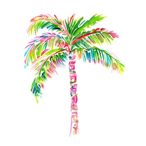 May include: A watercolour painting of a colourful palm tree with pink, green and blue hues. The tree is isolated against a white background.
