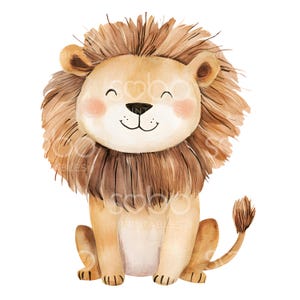 May include: A watercolor illustration of a brown lion with a fluffy mane. The lion is sitting with its paws tucked under its body and has a friendly expression on its face.
