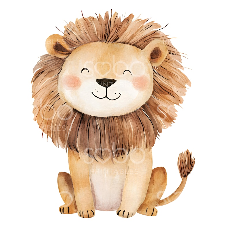 May include: A watercolor illustration of a brown lion with a fluffy mane. The lion is sitting with its paws tucked under its body and has a friendly expression on its face.