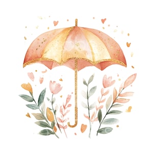 17 Boho Floral Umbrella Clipart, Rain Umbrella, Printable Watercolor Art, Wysoka jakość JPG, Pobieranie cyfrowe, Rękodzieło papierowe, Junk Journal S746