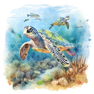 May include: A watercolor painting of two sea turtles swimming in a blue and green ocean. The larger turtle is in the foreground and the smaller turtle is in the background. The turtles are surrounded by coral reefs and other marine life.