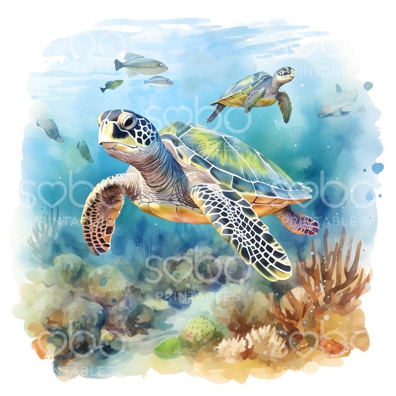 May include: A watercolor painting of two sea turtles swimming in a blue and green ocean. The larger turtle is in the foreground and the smaller turtle is in the background. The turtles are surrounded by coral reefs and other marine life.