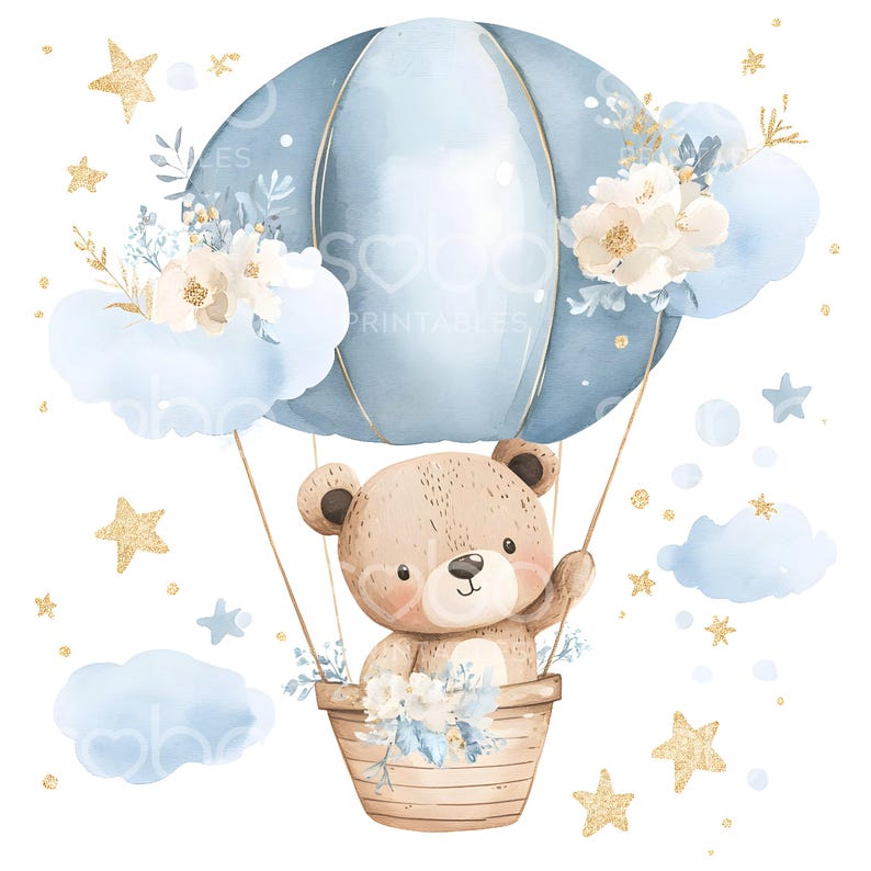 21 Blue Teddy Bears Clipart, Hot Air Balloons, Baby Shower Clipart ...