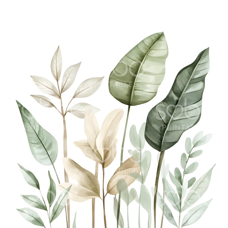 May include: Watercolor illustration of various green and beige tropical leaves and plants against a white background. The image features large, broad leaves and smaller, delicate foliage, creating a layered effect.