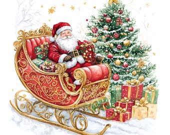 19 Classic Santa on Sleigh Clipart, Santa Claus Clipart, Christmas Card, High Quality JPG, Digital Download, Paper Craft, Junk Journal S410