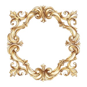Puede incluir: Un marco dorado adornado con intrincados detalles de volutas y flores. El marco está aislado sobre un fondo blanco.