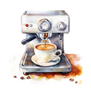 May include: A silver espresso machine with a cup of coffee being poured. The machine has a red button and a gauge on the front. The cup is white with a brown rim and is sitting on a white saucer.