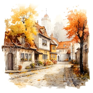 20 Autumn Street Clipart, Fall Autumn Clipart, Printable Watercolor Clipart, Wall Art, High Quality JPGs, Digital Download, Paper Craft S144 image 5