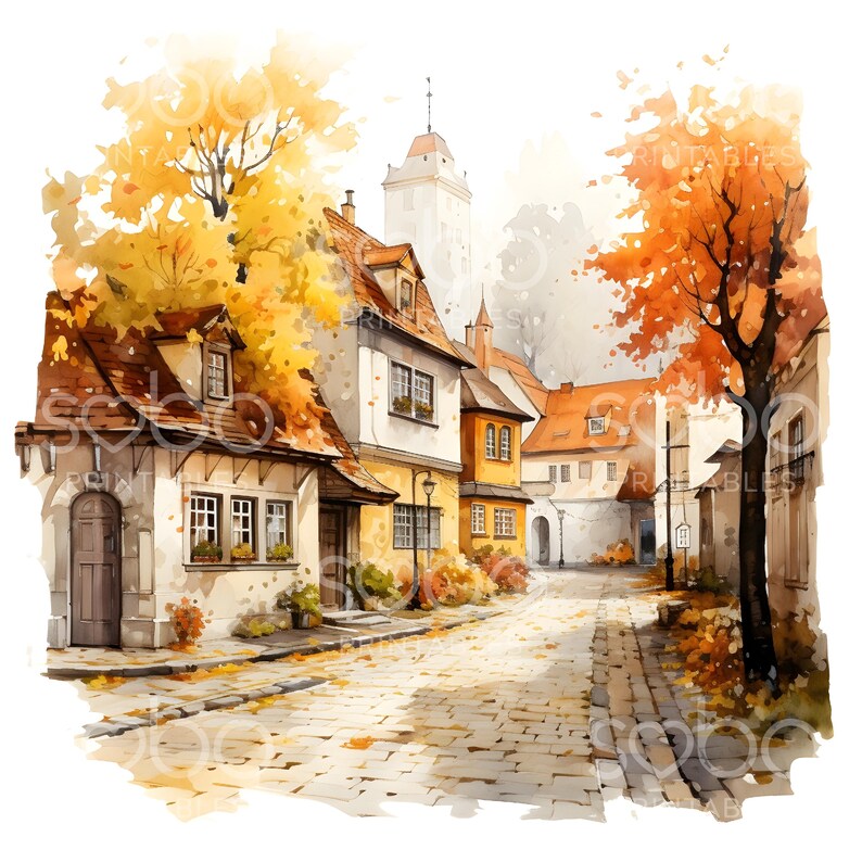 20 Autumn Street Clipart, Fall Autumn Clipart, Printable Watercolor Clipart, Wall Art, High Quality JPGs, Digital Download, Paper Craft S144 image 5