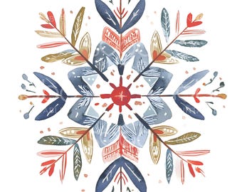 18 Scandinavian Folk Art Snowflake Clipart, Cute Christmas, Printable Watercolor Clipart, High Quality JPGs, Digital Download, Gift Tag S268
