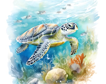 17 Turtles Swimming in Ocean Clipart, Marine Turtle, Printable Watercolor Clipart, High Quality JPGs, Digital download, Paper Craft S188