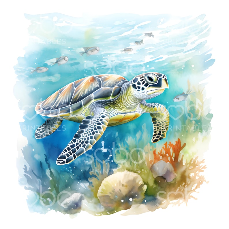 May include: A watercolor painting of a green sea turtle swimming in the ocean. The turtle is surrounded by coral reefs and fish. The water is a light blue color and the coral is a variety of colors, including orange, pink, and yellow.