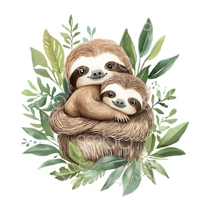 May include: Watercolour illustration of a mother sloth hugging her baby sloth. The sloths are brown and have large, round eyes. They are surrounded by green leaves.