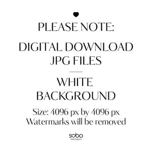 May include: Text overlay on a white background that reads "PLEASE NOTE: DIGITAL DOWNLOAD JPG FILES WHITE BACKGROUND Size: 4096 px by 4096 px Watermarks will be removed sobo PRINTABLES".