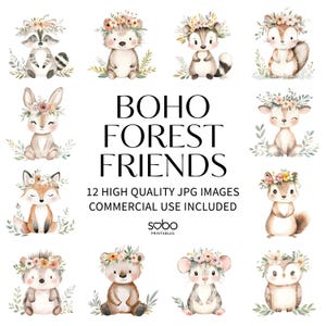 12 Animais da Floresta Boho Clipart, Arte para Berçário, Animais da Floresta Boho Clipart, Animais da Floresta Floral, Animais da Floresta, Download Digital S207
