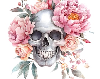 May include: A watercolor painting of a human skull surrounded by pink and white flowers. The skull is painted in a realistic style, with detailed features and a subtle gray color. The flowers are arranged in a loose, flowing bouquet, with delicate petals and leaves.