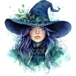 May include: A woman with long, purple and green hair wears a blue witch's hat with a green leaf embellishment. The background is a watercolour wash of green and blue.