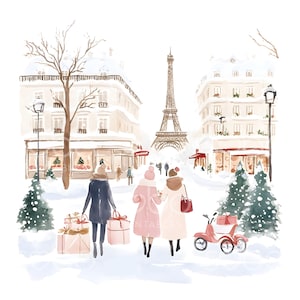 May include: Three people walk down a snowy street in Paris, France. The Eiffel Tower is in the background. There are Christmas trees and wrapped gifts on the sidewalk.