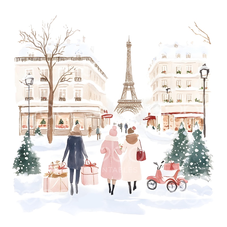 May include: Three people walk down a snowy street in Paris, France. The Eiffel Tower is in the background. There are Christmas trees and wrapped gifts on the sidewalk.