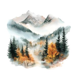 Könnte beinhalten: Aquarellmalerei einer Berglandschaft mit einem Wald im Vordergrund. Das Kunstwerk zeigt eine Reihe von Farben, darunter Grün-, Orange- und Grautöne. Die Berge sind schneebedeckt, und die Szene ist von einer nebligen Atmosphäre umhüllt.