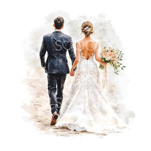 28 結婚式のカップルが歩いているクリップアート、結婚式の招待状、印刷可能な水彩クリップアート、高品質の JPG、デジタルダウンロード、ペーパークラフト S481