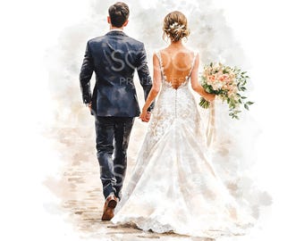 28 imágenes prediseñadas de pareja de novios caminando, invitación de boda, imágenes prediseñadas de acuarela imprimibles, archivos JPG de alta calidad, descarga digital, manualidades de papel S481