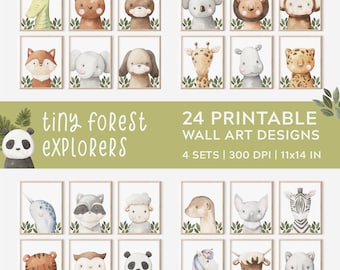 Little Forest Animals Print - Set of 24, Safari Nursery Prints, Boho Wall Art, Safari Baby Animal Prints, Nursery Gift, Digital Download C10