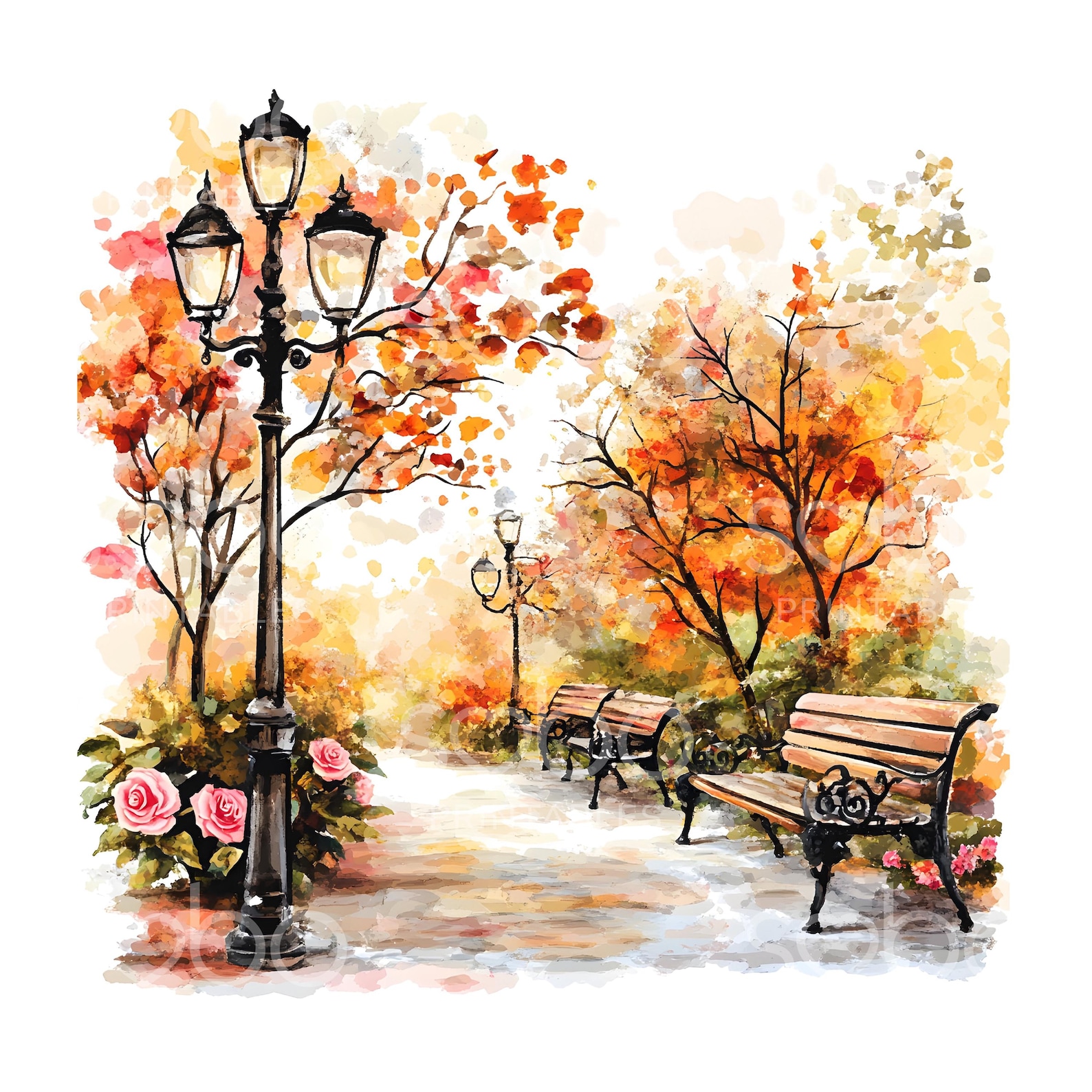 28 Autumn Fall Bench Clipart, Autumn Garden, Printable Watercolor ...