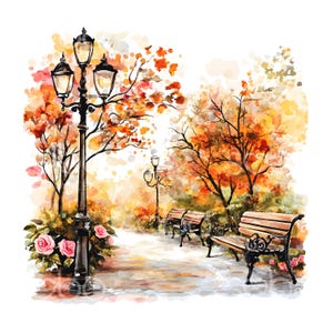 May include: Watercolor painting of a park scene in autumn. Features a black lamppost with three lights, benches, and trees with orange and yellow leaves. Pink roses are at the base of the lamppost.
